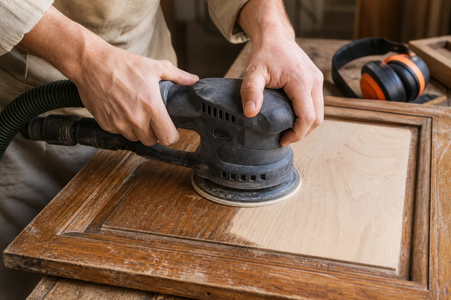 Ponçage soigné d’un plateau en bois dans un atelier moderne