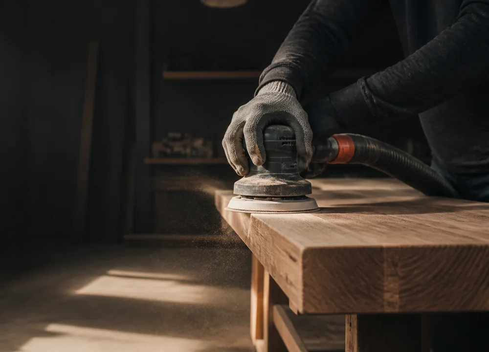 Ponceuse excentrique sur un plateau en bois